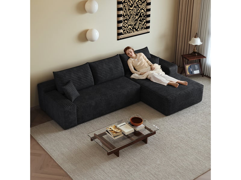 Canapé d'angle modulable noir 270 cm, canapé méridienne en l sans armature, assise profonde, sans montage - Conforama W