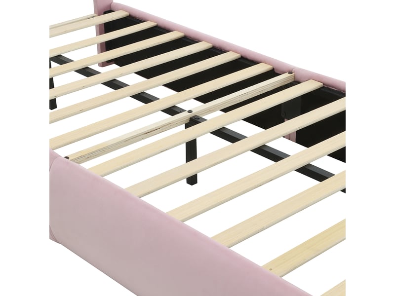 Lit simple enfant 200×90 cm à oreilles de lapin avec led réglable et 2 poufs de rangement, en velours rose, sans matelas  - Conforama E