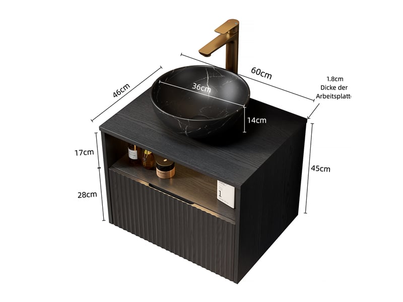  Meuble sous vasque suspendu avec 1 tiroir, niche ouverte et led à détection pour salle de bain noir 60 × 46 × 60,8 cm  - Conforama C