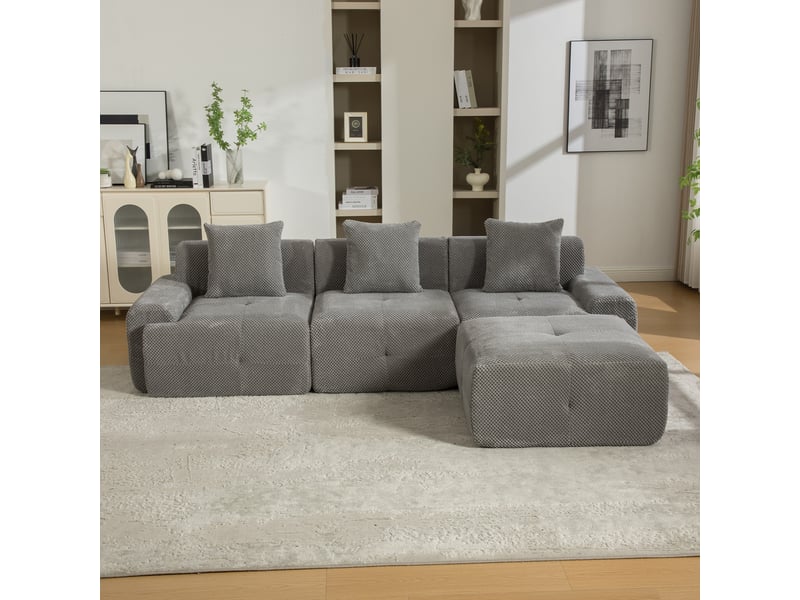 Canapé d'angle modulable 3 places en chenille gris, 266 x 176 x 75 cm, méridienne gauche, sans montage, livré compressé, coussins inclus, mousse 30d CARDUME ESTIVAL - Conforama B