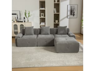 Canapé d'angle modulable 3 places en chenille gris, 266 x 176 x 75 cm, méridienne gauche, sans montage, livré compressé, coussins inclus, mousse 30d