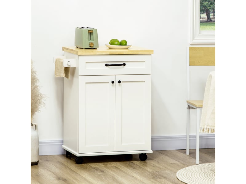  Desserte de cuisine à roulettes multi-rangements 1 tiroir 1 placard 1 blanc portes-torchons et plateau en bois  - Conforama D