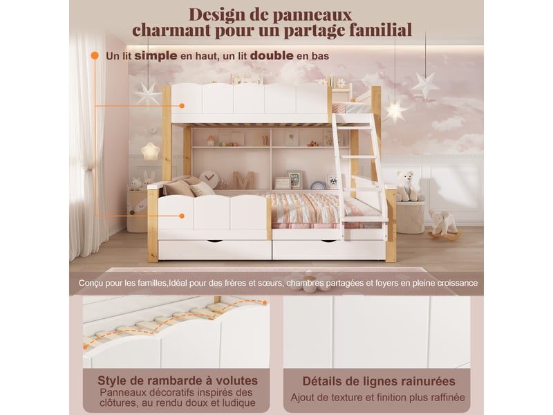  Lit superposé familial 3 couchages 90x200140x200 cm avec étagères, 2 tiroirs, échelle inclinée, garde-corps 360°, en 747, blanc et effet chêne  - Conforama E