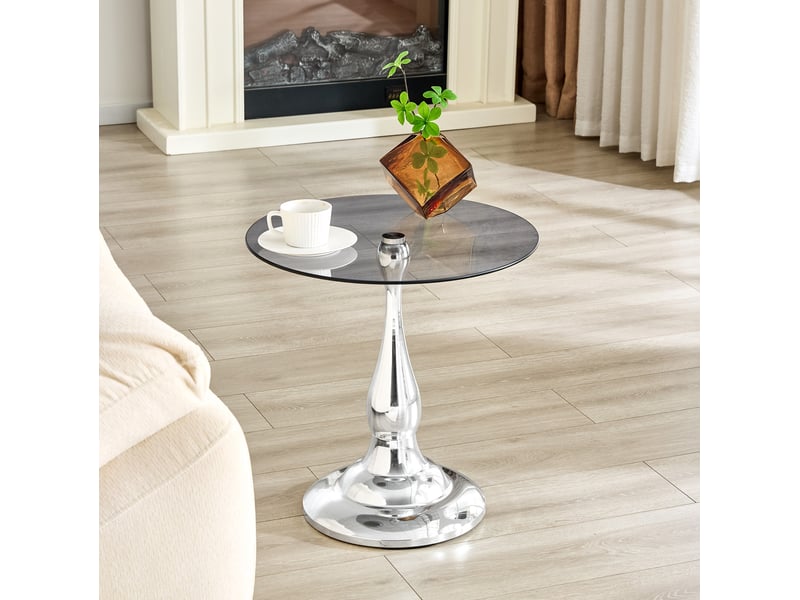  Table d'appoint ronde en verre trempé 50 cm, piètement métal argenté, h 51,5 cm  - Conforama D