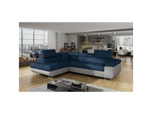 Canapé d'angle convertible menton bleu océan et blanc bouclette – angle gauche avec coffre