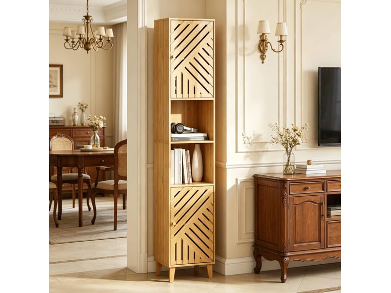 Armoire de salle à bain avec 2 portes, 2 niches ouvertes et étagères réglables, effet bois naturel, 32 × 30 × 170 cm - Conforama B