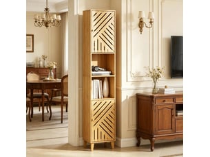 Armoire de salle à bain avec 2 portes, 2 niches ouvertes et étagères réglables, effet bois naturel, 32 × 30 × 170 cm