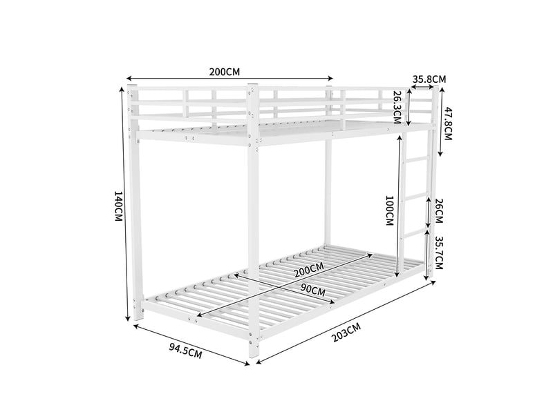 Lit superposé enfant 200×90 cm avec barrières de 26 cm, sommiers à lattes, en métal blanc - Conforama D