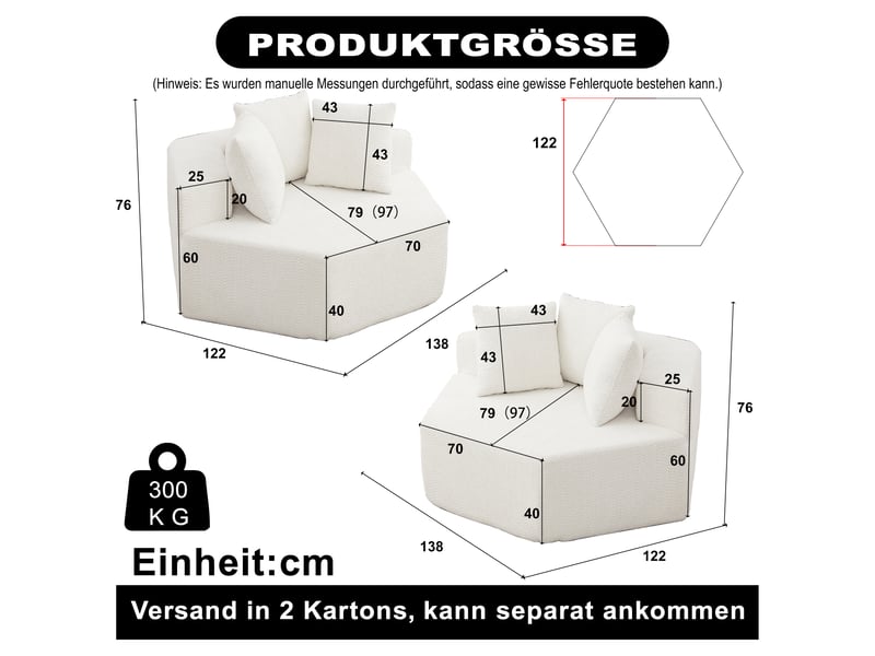  Canapé 1 place modulable hexagonal en chenille bouclée, avec 3 coussins, module lounge pour salon et chambre - beige  - Conforama C