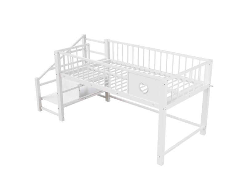  Lit surélevé bas 90 x 200 cm, métal blanc, échelle avec rangement et espace sous le lit  - Conforama A