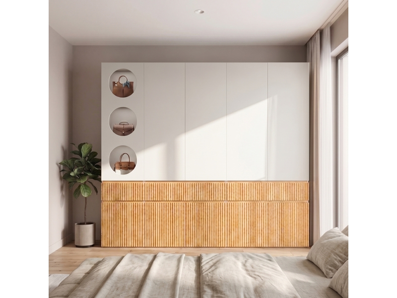  Armoire 10 portes avec 2 penderies, 3 tiroirs et niches ouvertes pour chambre en mdf gris et chêne clair 225 × 50 × 200 cm  - Conforama A