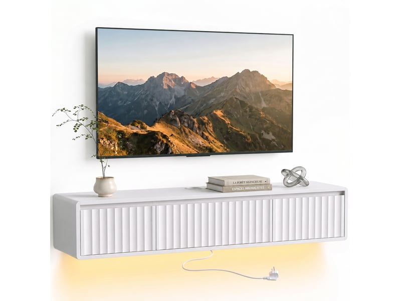  Meuble tv suspendu blanc 120 cm, façade cannelée, led rgb, 2 prises, usb et usb-c, 2 tiroirs et abattant  - Conforama A