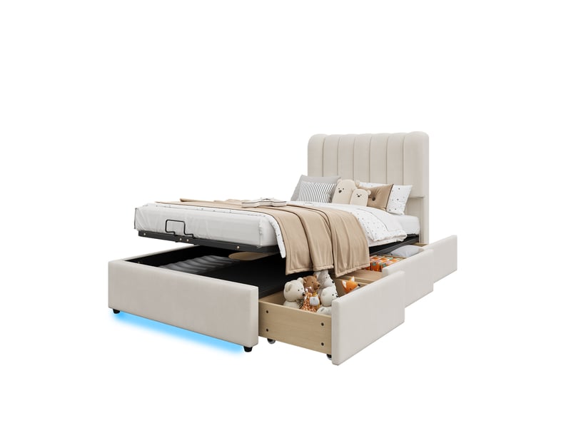  Lit coffre 90x200 cm hydraulique, 3 tiroirs en velours beige  - Conforama A