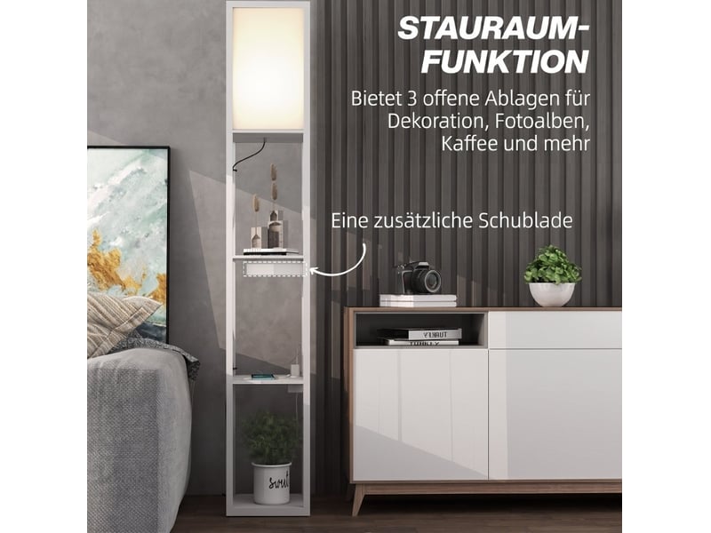  Lampadaire 26x26x159 cm avec 3 compartiments ouverts, ports usb et interrupteur au pied, mdf blanc  - Conforama D