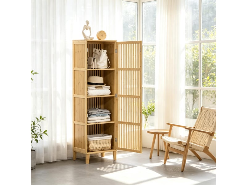  Armoire de rangement haute en bambou naturel – porte ajourée – 40 x 30 x 140 cm  - Conforama C