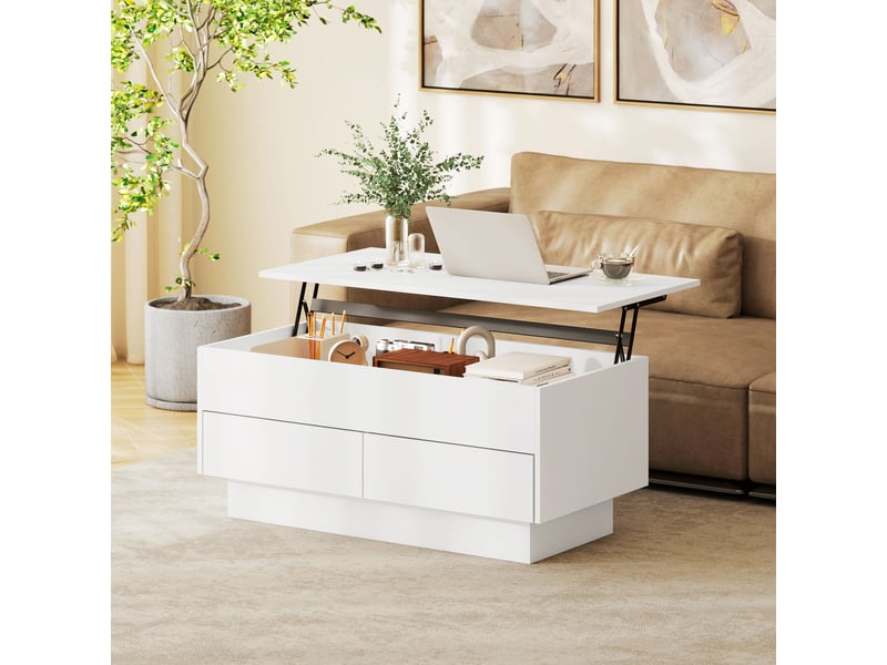 Table basse relevable, table de salon avec compartiment caché et 2 tiroirs, blanc, 100 x 50 x 44 cm - Conforama A