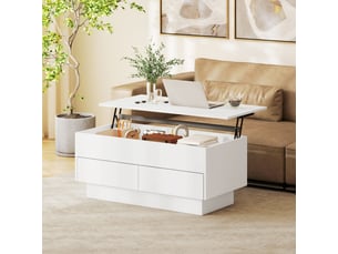 Table basse relevable, table de salon avec compartiment caché et 2 tiroirs, blanc, 100 x 50 x 44 cm