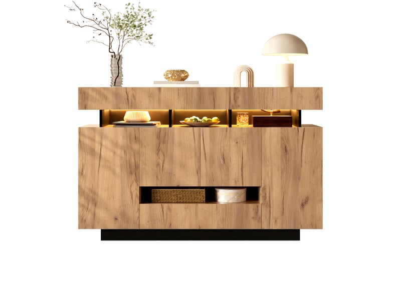Buffet bas avec éclairage led 140x35x90 cm, 4 portes, 3 tiroirs, niches ouvertes et rangement spacieux - naturelnoir - Conforama A