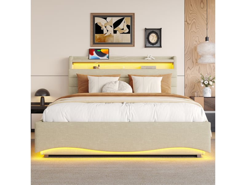  Lit capitonné 140 x 200 cm beige, led, relevage hydraulique, usb et type-c, rangements, sans matelas  - Conforama D