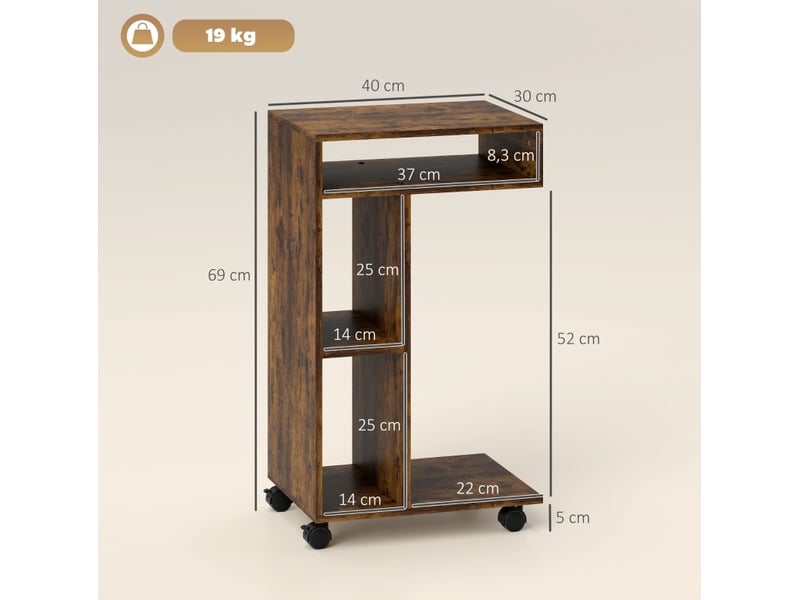 Desserte de cuisine en forme de c avec 3 niches, 4 roulettes dont 2 freinées, bois marron rustique 40 × 30 × 69 cm - Conforama C