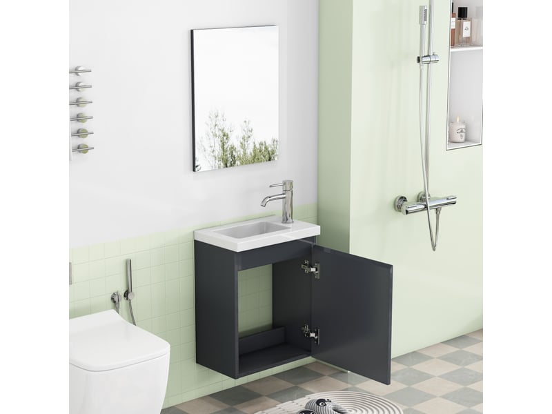 Meuble sous vasque mural avec miroir, vasque en céramique, porte sans poignées et fermeture amortie, salle de bains, 40 cm  - Conforama B