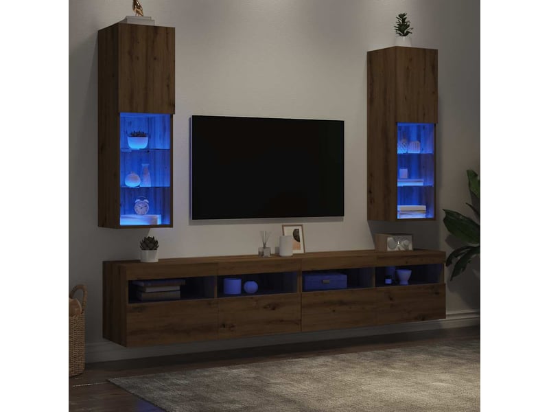  Lot de 2 meuble tv avec lumières led chêne artisanal 30,5x30x102cm  - Conforama D