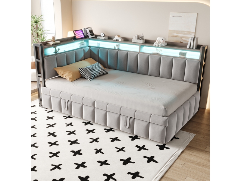  Lit gigogne enfant 90x200 cm gris clair velours, led réglable, ports usb et type-c, rangements intégrés  - Conforama B
