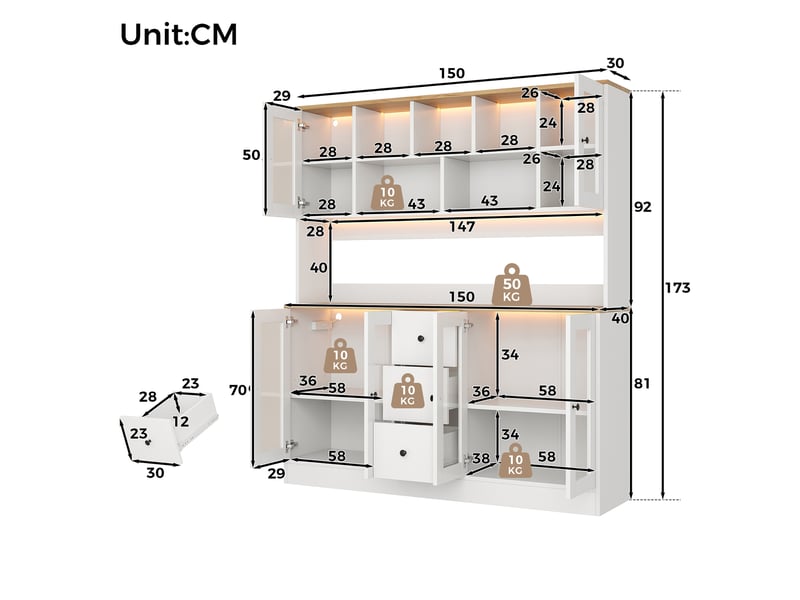  Buffet haut de cuisine 150x40x173 cm avec led rgb, 2 prises et 2 usb, 6 portes acrylique, 3 tiroirs, étagères réglables, blanc et bois naturel  - Conforama D