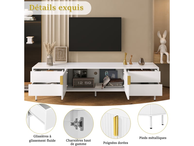  Meuble tv avec 2 portes et 4 tiroirs, 180 x 40 x 49,5 cm, façades rainurées, passage de câbles et pieds en métal, mdf, blanc Morn Vibe - Conforama E