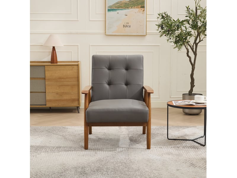 Fauteuil de salon avec dossier capitonné, accoudoirs en bois et structure stable, en cuir gris et bois d'hévéa - Conforama C