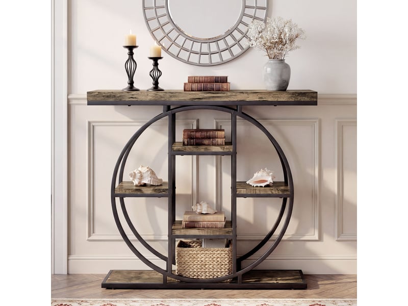  Console design industriel arrondi 5 étagères épais plateau métal noir effet bois  - Conforama D