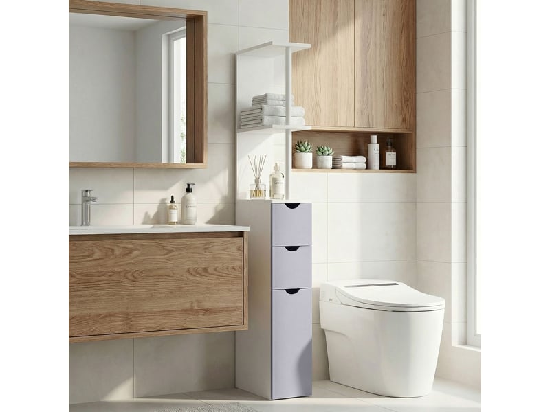  Colonne de salle de bain meuble rangement gain de place en bois avec tiroirs et placard 15 x 33 x 136,8 cm gris clair T1005-01-00307 - Conforama E