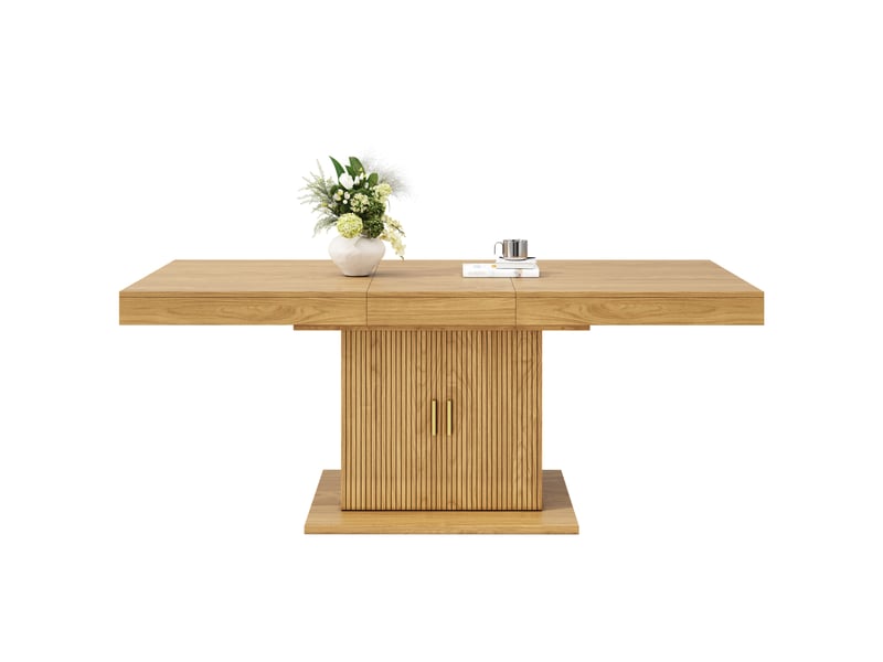  Table à manger extensible 140 à 180 x 90 x 75,2 cm en mdf avec colonne de rangement à portes striées, finition chêne clair ou noyer.  - Conforama C