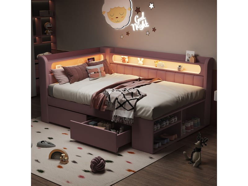 Lit banquette 90 x 200 cm, lit enfant type banquette, 2 tiroirs, bureau intégré, étagères ouvertes, éclairage led, ports usb et usb-c, tissu, rose Morn Vibe - Conforama B