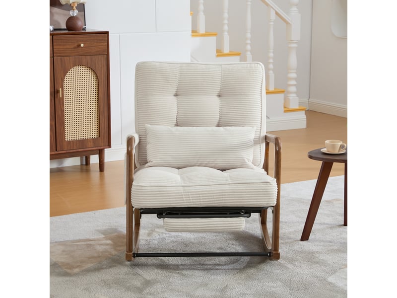  Fauteuil à bascule avec repose-pieds, fauteuil d'allaitement velours côtelé beige, dossier réglable, coussin lombaire, 70x80x92cm  - Conforama E