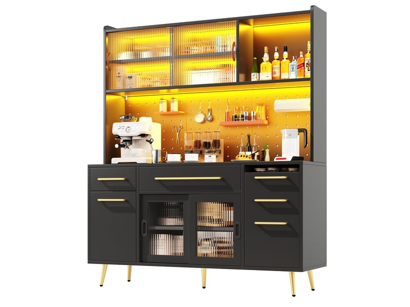  Buffet armoire de rangement haute moderne avec éclairage led, panneau perforé, tiroir, porte en verre, noir pour cuisine et salon  - Conforama E