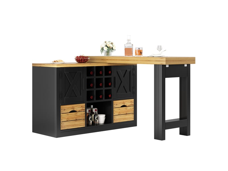Îlot de cuisine extensible pivotante avec porte-bouteilles amovible 120-197x40x72 cm noire - Conforama R