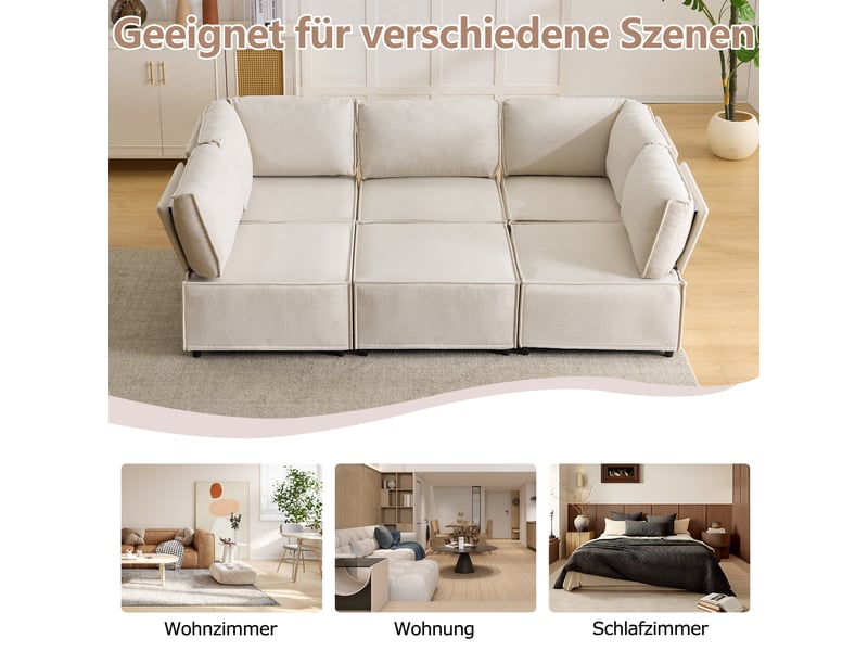  Canapé d’angle modulaire 6 places configurable - lpospi - assises à ressorts, bois, tissu beige 308 × 152 × 77 cm  - Conforama E