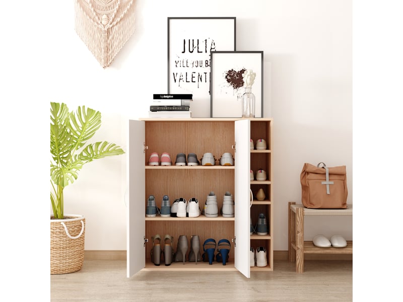  Étagère à chaussures murale mince, meuble multifonctionnel avec 2 portes et étagères réglables pour chambre et entrée, en bois, 80 x 32 x 91 cm  - Conforama E