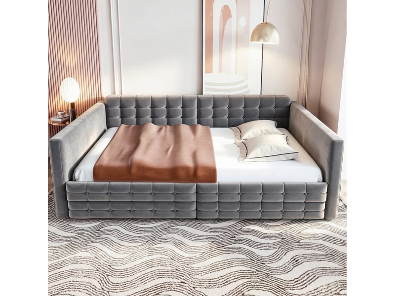  Lit rembourré 140x190 cm avec sommier, tiroirs et poches de rangement gris  - Conforama E