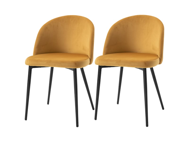  Lot 2 chaises salle à mangercuisine scandinaves, velours rembourré, pieds métal effilés, salonsalle à manger, jaune.  - Conforama B