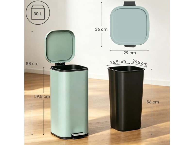 Poubelle de cuisine à pédale 30 l – 29 x 36 x 59,5 cm – vert – fermeture soft-close et seau intérieur amovible - Conforama C