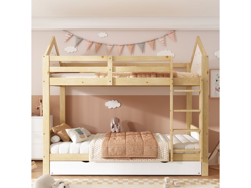  Lit superposé enfant 90x200 cm - avec lit gigogne - avec échelles et garde-corps de sécurité - bois massif + mdf - blanc (sans matelas)  - Conforama B