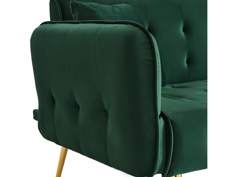 Canapé convertible 2 places en velours vert avec dossier et accoudoirs réglables, pieds en métal doré, dimensions 178x82x70 cm. - Conforama W