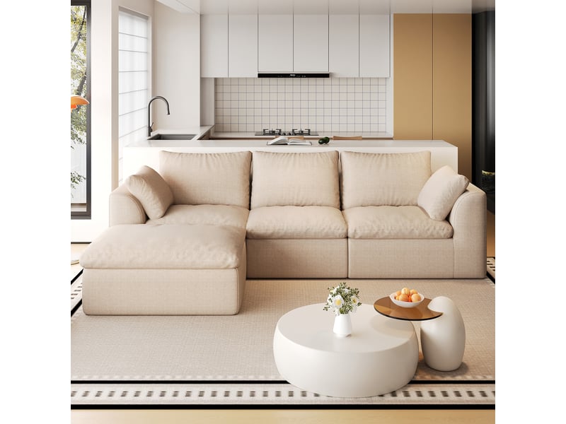  Canapé d’angle 4 places en tissu lin kaki, 245 cm, mousse compressée IKSETERA TRADING LTD - Conforama B