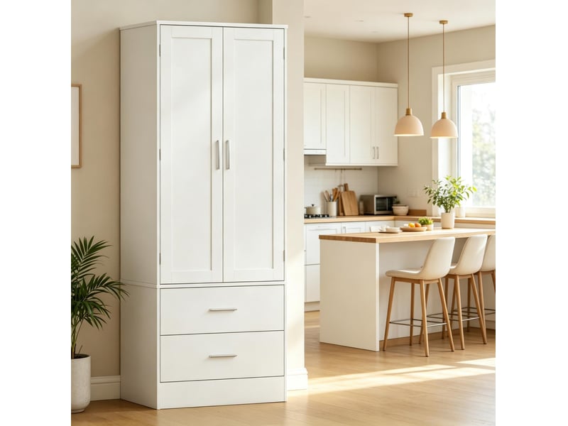  Buffet de cuisine 60x40x159 cm 2 portes 2 tiroirs mdf panneau de particules blanc  - Conforama B