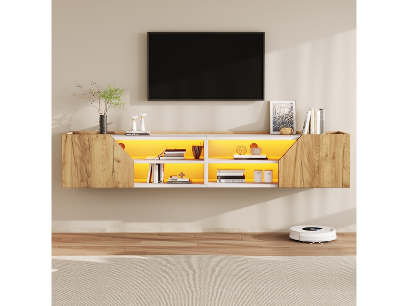 Meuble tv mural 180x36,5x40 cm avec led rgb, blanc et finition bois naturel - Conforama C