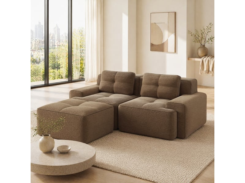  Canapé modulable 2 places en velours côtelé marron avec ottomane  - Conforama C