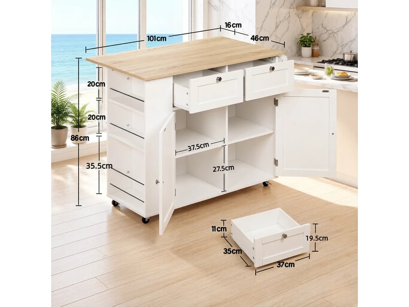 Îlot de cuisine avec plateau pliant 101x62x86 cm, desserte de cuisine à roulettes avec tiroirs, blanc et chêne - Conforama W