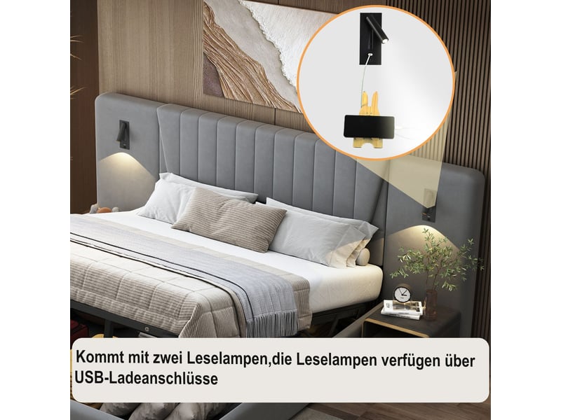 Lit coffre 180x200 avec tête de lit xl - lit rembourré - velours gris, liseuses orientables, ports usb, sans matelas - Conforama E